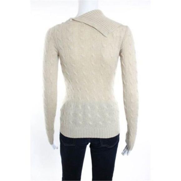 Ralph Lauren Cashmere Black Label Beige Cable Knit Asymmetrical Collar Sweater - Picture 4 of 6
